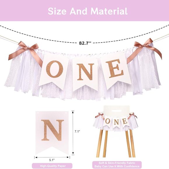 1st Highchair Banner,Rose Gold,Blush&White First Birthday Highchair Banner,One Y - Picture 2 of 7
